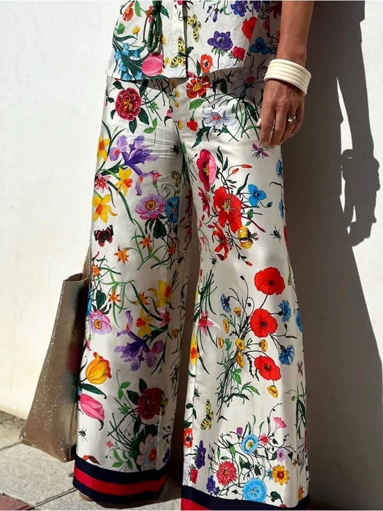 Pants - 🌸💐🪴🌻Floral Wide-Leg Palazzo Pants in Ivory